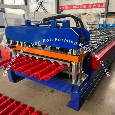 Máquina de moldagem de rolos de telhas vidradas de 1220 mm de largura com 18 estações de rolamento e acionamento de cadeia para construção de aço